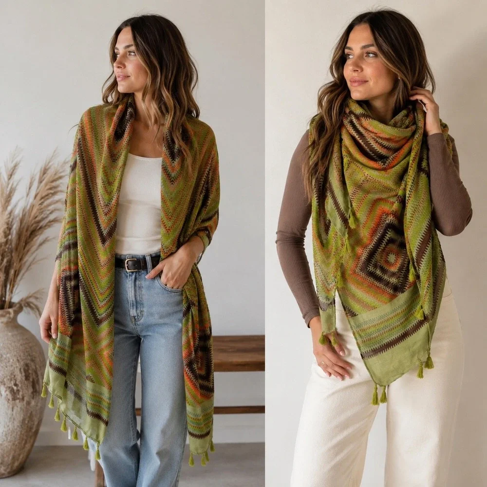 Oversized Boho Scarf Shawl Wrap Green Orange Geometric Chevron Tassel Fringe
